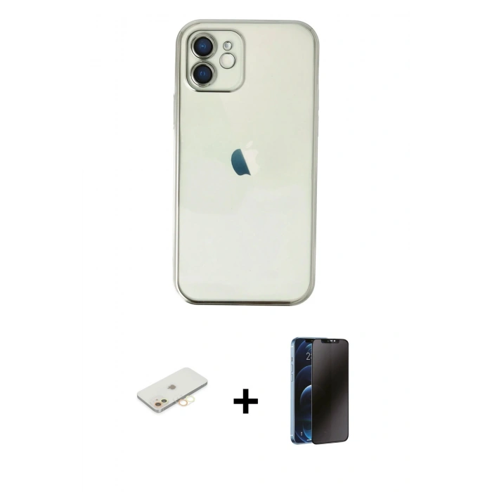 MARSİLYAN™- iPhone 11 Kılıf Vadi Minimal - Siyah 3D Antistatik Hayalet Cam Ekran Koruyucu + Renkli Kamera Lens Koruma Cam - SI