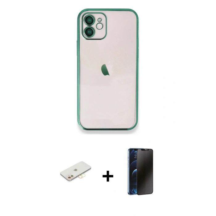 MARSİLYAN™- iPhone 11 Kılıf Vadi Minimal - Siyah 3D Antistatik Hayalet Cam Ekran Koruyucu + Renkli Kamera Lens Koruma Cam - SI