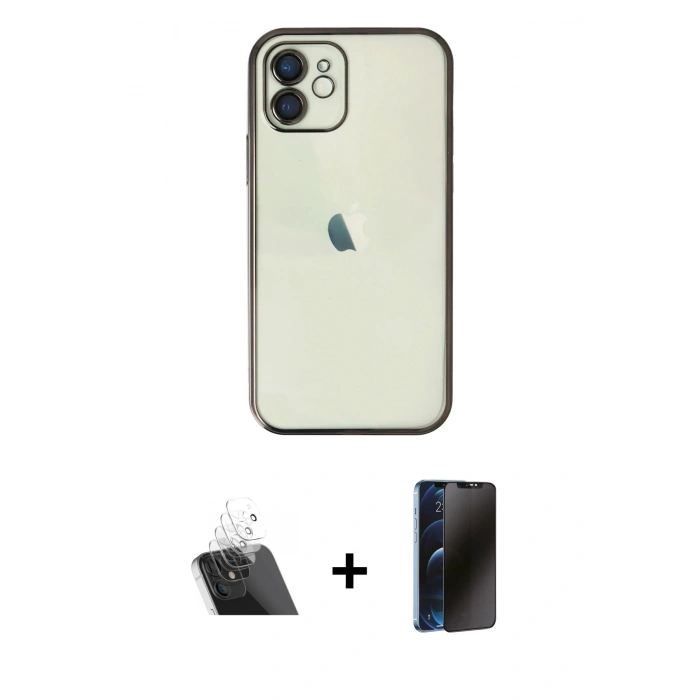 MARSİLYAN™- iPhone 11 Kılıf Vadi Minimal - Siyah 3D Antistatik Hayalet Cam Ekran Koruyucu + Kamera Lens Koruma Cam - SF