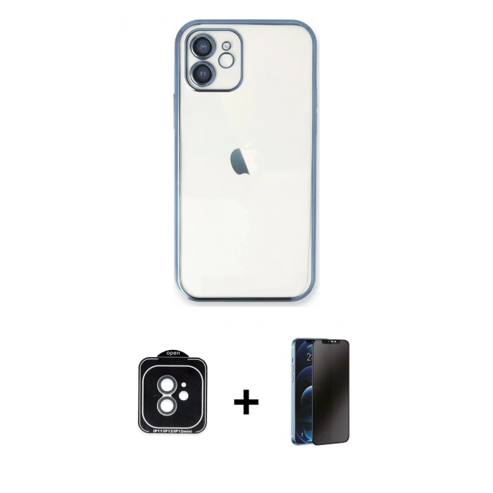 MARSİLYAN™- iPhone 11 Kılıf Vadi Minimal - Siyah 3D Antistatik Hayalet Cam Ekran Koruyucu + PVD Metal Kamera Lens - YL