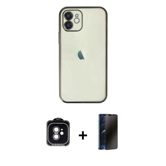 MARSİLYAN™- iPhone 11 Kılıf Vadi Minimal - Siyah 3D Antistatik Hayalet Cam Ekran Koruyucu + PVD Metal Kamera Lens - YL