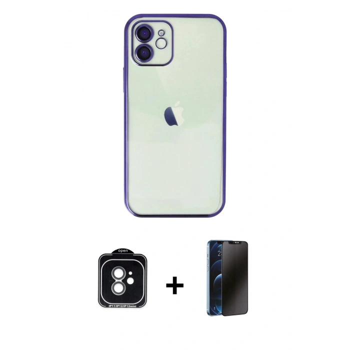 MARSİLYAN™- iPhone 11 Kılıf Vadi Minimal - Siyah 3D Antistatik Hayalet Cam Ekran Koruyucu + PVD Metal Kamera Lens - YL