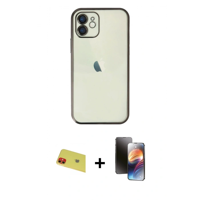 MARSİLYAN™- iPhone 11 Kılıf Vadi Minimal - Siyah 3D Antistatik Mat Seramik Nano Ekran Koruyucu + Rainbow Kamera Lens Koruma Cam - KI