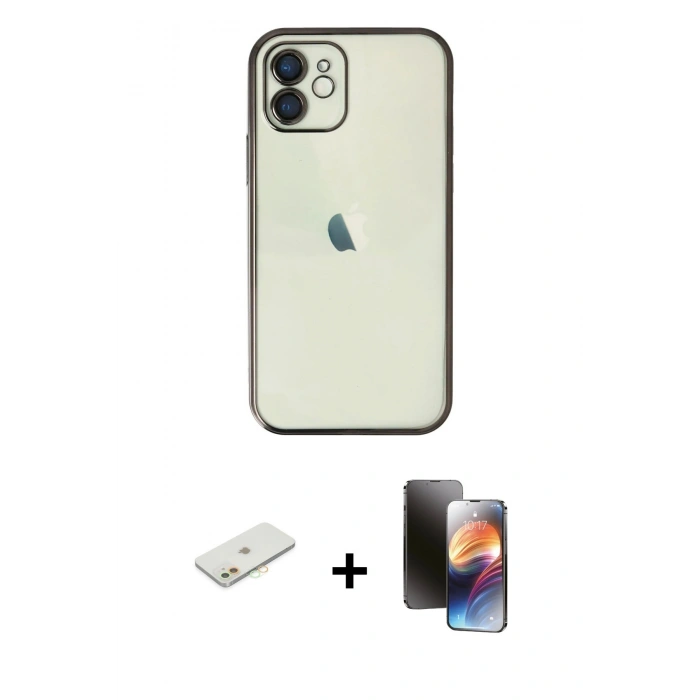 MARSİLYAN™- iPhone 11 Kılıf Vadi Minimal - Siyah 3D Antistatik Mat Seramik Nano Ekran Koruyucu + Renkli Kamera Lens Koruma Cam - TU