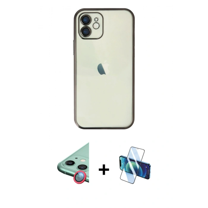 MARSİLYAN™- iPhone 11 Kılıf Vadi Minimal - Siyah 3D Antistatik Seramik Nano Ekran Koruyucu + Raze Metal Kamera Lens - KI