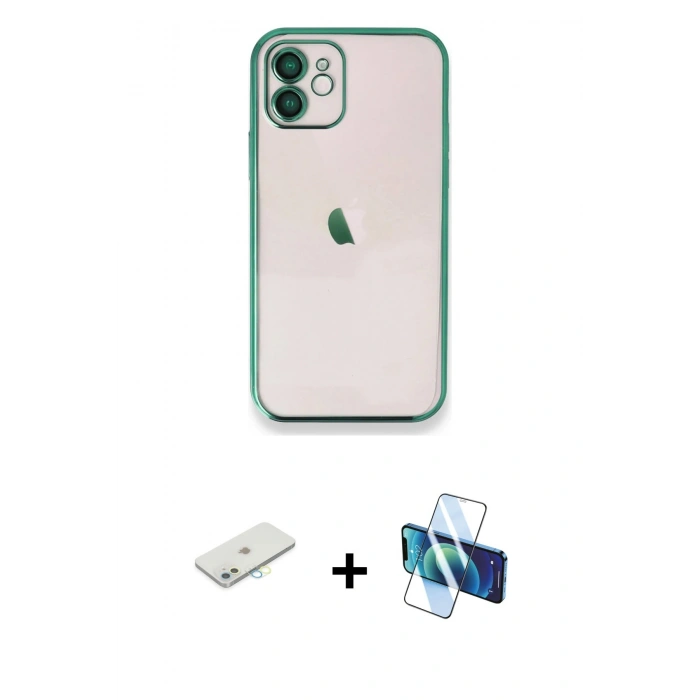 MARSİLYAN™- iPhone 11 Kılıf Vadi Minimal - Siyah 3D Antistatik Seramik Nano Ekran Koruyucu + Renkli Kamera Lens Koruma Cam - SI
