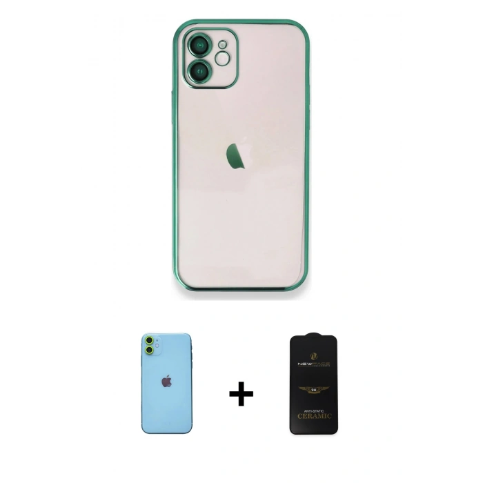 MARSİLYAN™- iPhone 11 Kılıf Vadi Minimal - Siyah 6D Antistatik Mat Seramik Hayalet Nano Ekran Koruyucu + Neon Fosforlu Kamera Lens - YL