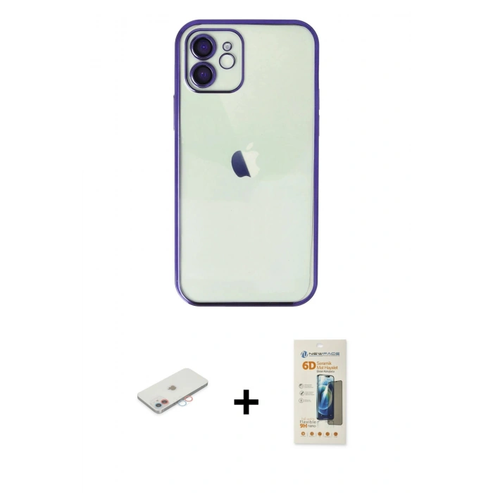 MARSİLYAN™- iPhone 11 Kılıf Vadi Minimal - Siyah 6D Mat Seramik Hayalet Nano Ekran Koruyucu + Renkli Kamera Lens Koruma Cam - PE