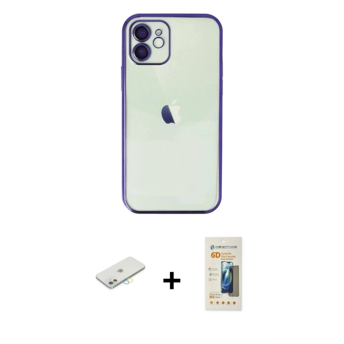 MARSİLYAN™- iPhone 11 Kılıf Vadi Minimal - Siyah 6D Mat Seramik Hayalet Nano Ekran Koruyucu + Renkli Kamera Lens Koruma Cam - SI