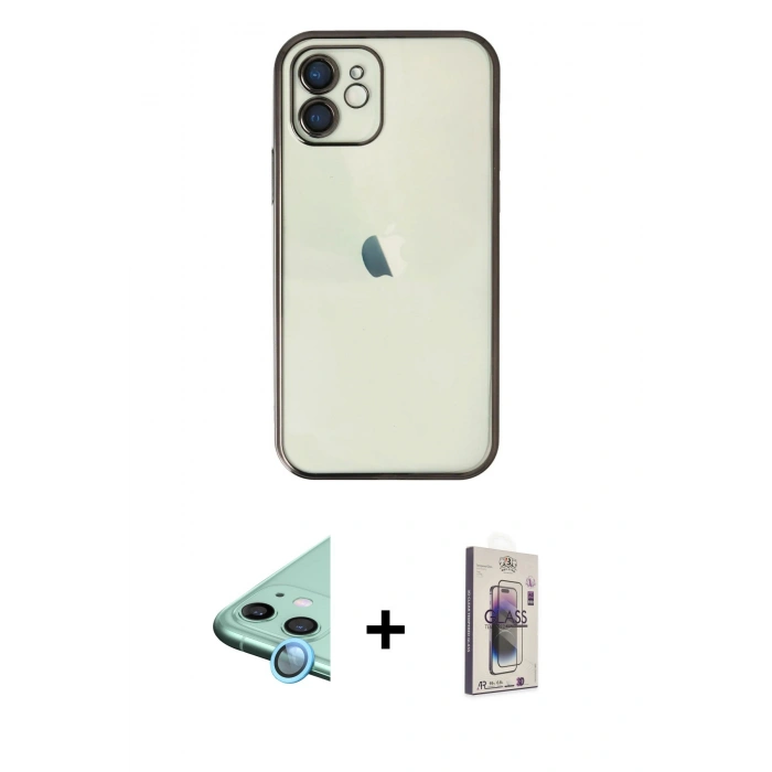 MARSİLYAN™- iPhone 11 Kılıf Vadi Minimal - Siyah Bilvis 3D Cam Ekran Koruyucu + Raze Metal Kamera Lens - MI