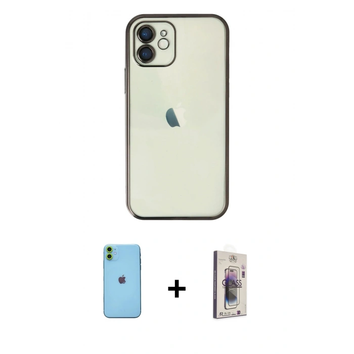 MARSİLYAN™- iPhone 11 Kılıf Vadi Minimal - Siyah Bilvis 3D Cam Ekran Koruyucu + Neon Fosforlu Kamera Lens - YL