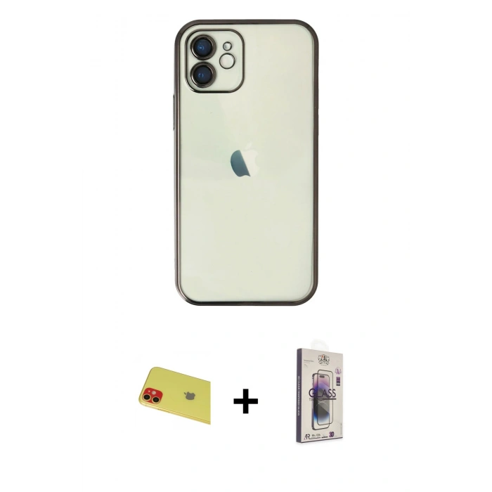 MARSİLYAN™- iPhone 11 Kılıf Vadi Minimal - Siyah Bilvis 3D Cam Ekran Koruyucu + Rainbow Kamera Lens Koruma Cam - KI