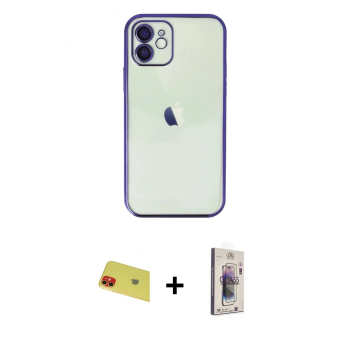 MARSİLYAN™- iPhone 11 Kılıf Vadi Minimal - Siyah Bilvis 3D Cam Ekran Koruyucu + Rainbow Kamera Lens Koruma Cam - KI