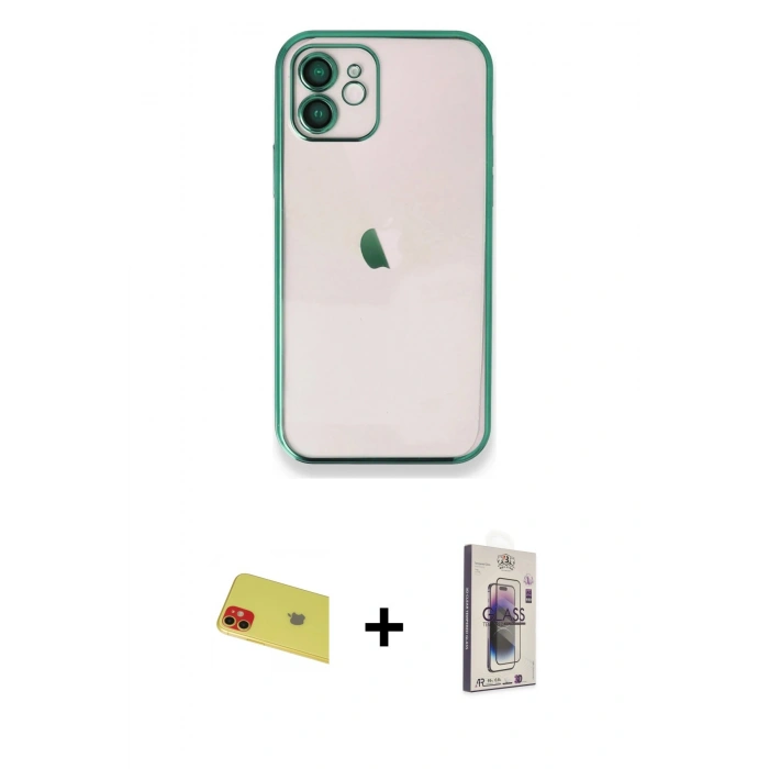 MARSİLYAN™- iPhone 11 Kılıf Vadi Minimal - Siyah Bilvis 3D Cam Ekran Koruyucu + Rainbow Kamera Lens Koruma Cam - KI