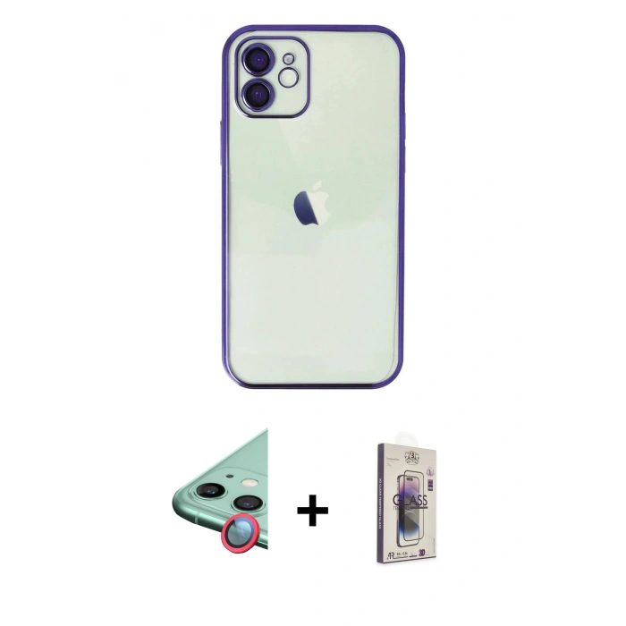 MARSİLYAN™- iPhone 11 Kılıf Vadi Minimal - Siyah Bilvis 3D Cam Ekran Koruyucu + Raze Metal Kamera Lens - KI
