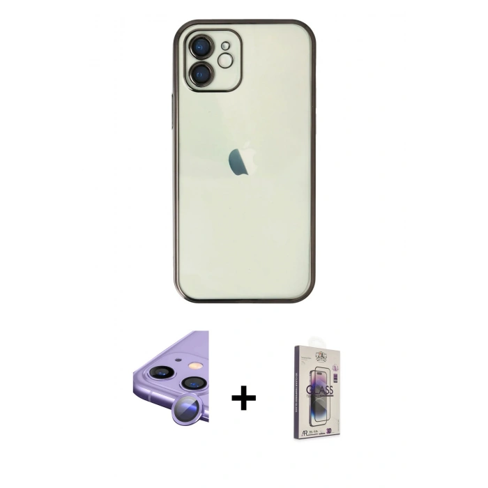 MARSİLYAN™- iPhone 11 Kılıf Vadi Minimal - Siyah Bilvis 3D Cam Ekran Koruyucu + Raze Metal Kamera Lens - MR