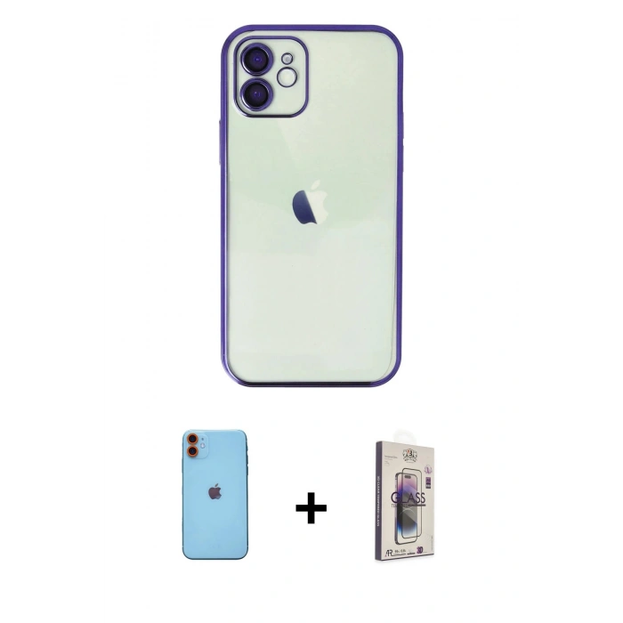 MARSİLYAN™- iPhone 11 Kılıf Vadi Minimal - Siyah Bilvis 3D Cam Ekran Koruyucu + Neon Fosforlu Kamera Lens - TU