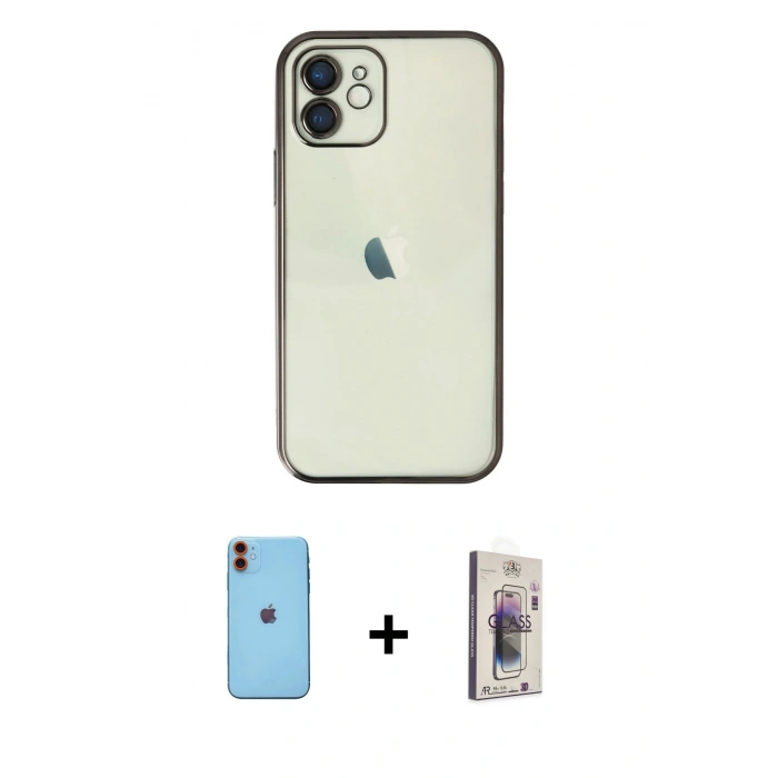 MARSİLYAN™- iPhone 11 Kılıf Vadi Minimal - Siyah Bilvis 3D Cam Ekran Koruyucu + Neon Fosforlu Kamera Lens - TU