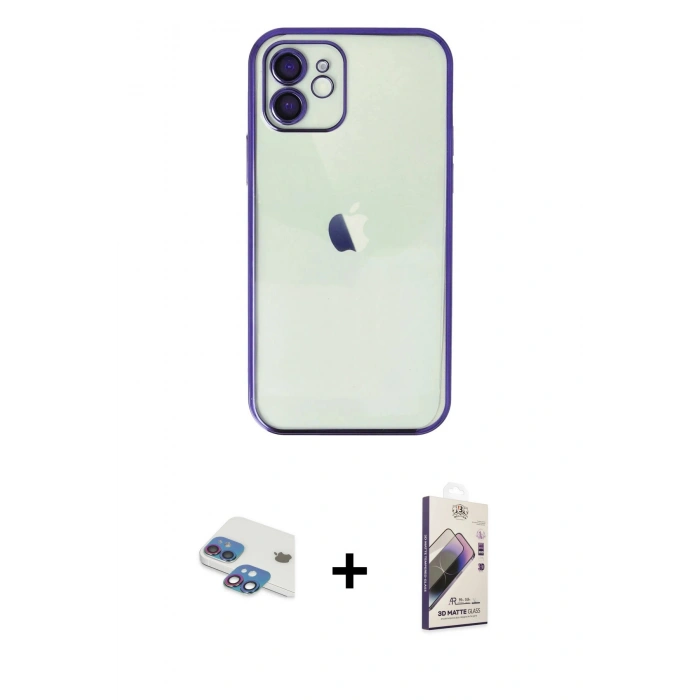 MARSİLYAN™- iPhone 11 Kılıf Vadi Minimal - Siyah Bilvis 3D Mat Cam Ekran Koruyucu + Pers Alüminyum Kamera Lens - GI