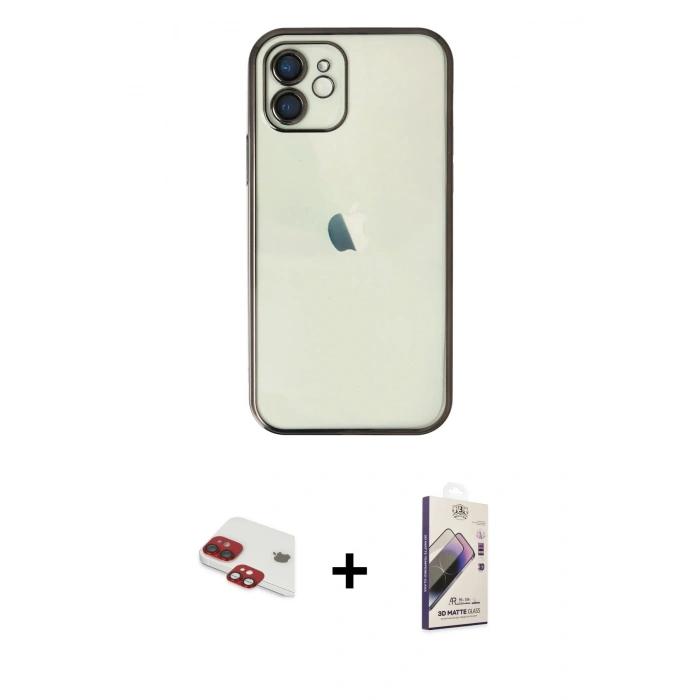 MARSİLYAN™- iPhone 11 Kılıf Vadi Minimal - Siyah Bilvis 3D Mat Cam Ekran Koruyucu + Pers Alüminyum Kamera Lens - KI