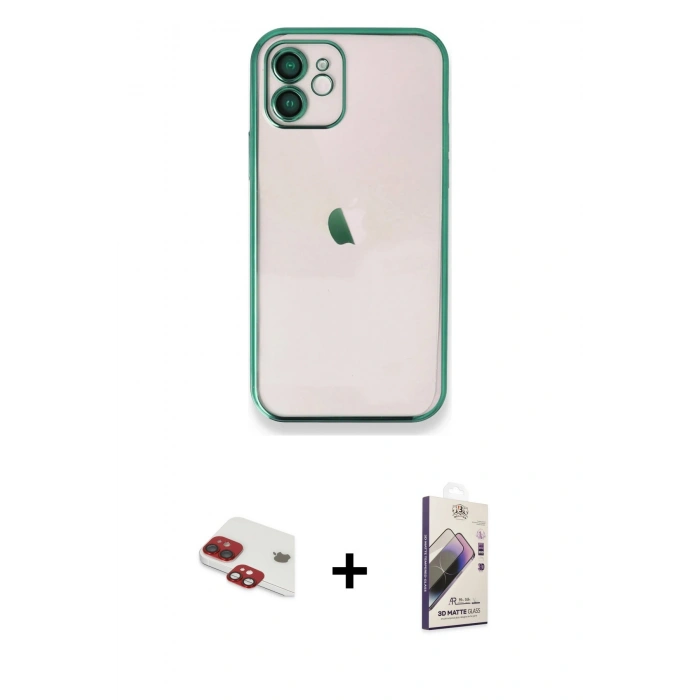 MARSİLYAN™- iPhone 11 Kılıf Vadi Minimal - Siyah Bilvis 3D Mat Cam Ekran Koruyucu + Pers Alüminyum Kamera Lens - KI