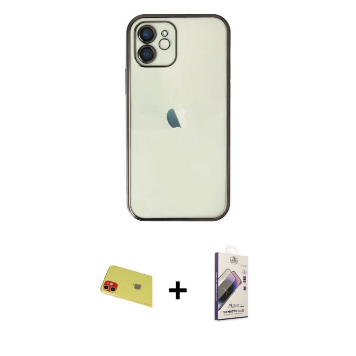 MARSİLYAN™- iPhone 11 Kılıf Vadi Minimal - Siyah Bilvis 3D Mat Cam Ekran Koruyucu + Rainbow Kamera Lens Koruma Cam - KI