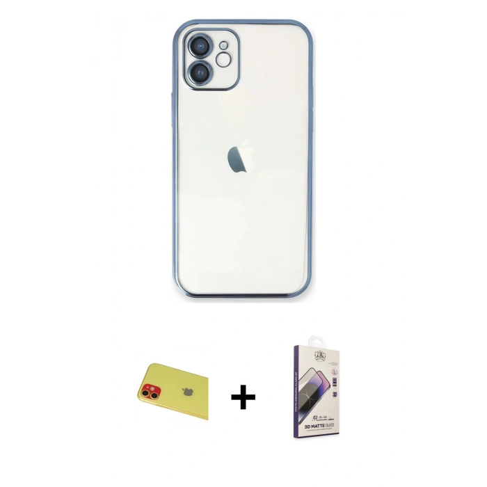 MARSİLYAN™- iPhone 11 Kılıf Vadi Minimal - Siyah Bilvis 3D Mat Cam Ekran Koruyucu + Rainbow Kamera Lens Koruma Cam - KI
