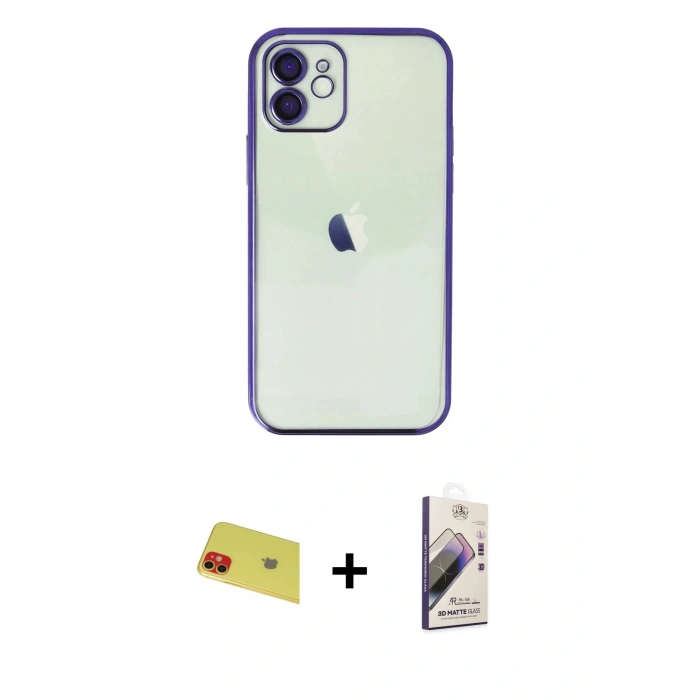 MARSİLYAN™- iPhone 11 Kılıf Vadi Minimal - Siyah Bilvis 3D Mat Cam Ekran Koruyucu + Rainbow Kamera Lens Koruma Cam - KI
