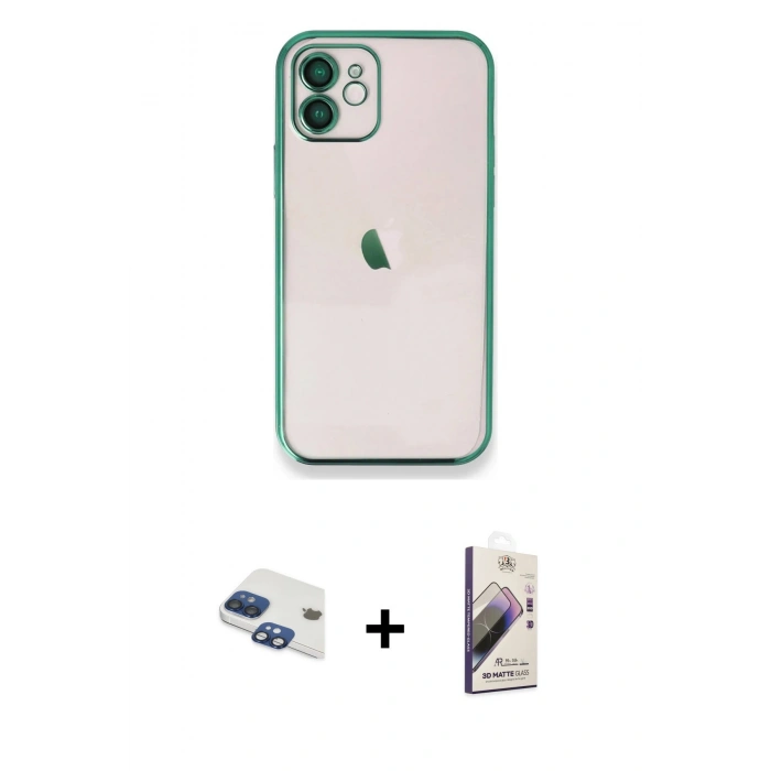 MARSİLYAN™- iPhone 11 Kılıf Vadi Minimal - Siyah Bilvis 3D Mat Cam Ekran Koruyucu + Pers Alüminyum Kamera Lens - LT