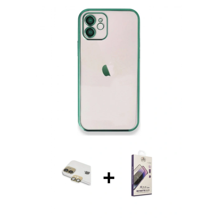 MARSİLYAN™- iPhone 11 Kılıf Vadi Minimal - Siyah Bilvis 3D Mat Cam Ekran Koruyucu + Pers Alüminyum Kamera Lens - GD
