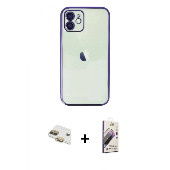 MARSİLYAN™- iPhone 11 Kılıf Vadi Minimal - Siyah Bilvis 3D Mat Cam Ekran Koruyucu + Pers Alüminyum Kamera Lens - GD