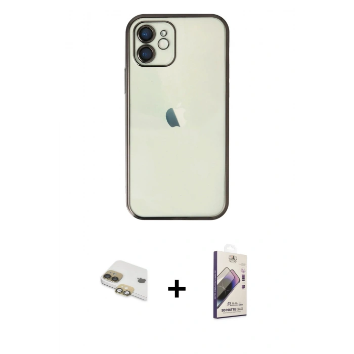 MARSİLYAN™- iPhone 11 Kılıf Vadi Minimal - Siyah Bilvis 3D Mat Cam Ekran Koruyucu + Pers Alüminyum Kamera Lens - GD
