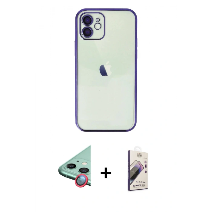 MARSİLYAN™- iPhone 11 Kılıf Vadi Minimal - Siyah Bilvis 3D Mat Cam Ekran Koruyucu + Raze Metal Kamera Lens - KI