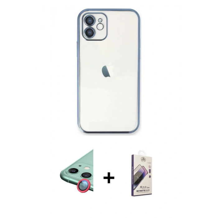 MARSİLYAN™- iPhone 11 Kılıf Vadi Minimal - Siyah Bilvis 3D Mat Cam Ekran Koruyucu + Raze Metal Kamera Lens - KI