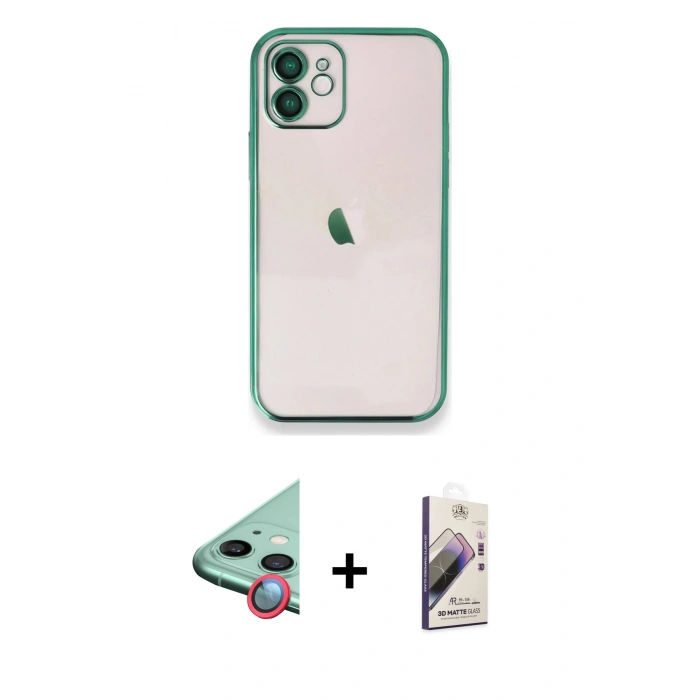 MARSİLYAN™- iPhone 11 Kılıf Vadi Minimal - Siyah Bilvis 3D Mat Cam Ekran Koruyucu + Raze Metal Kamera Lens - KI