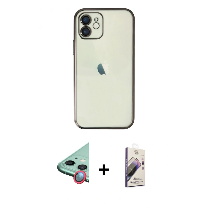 MARSİLYAN™- iPhone 11 Kılıf Vadi Minimal - Siyah Bilvis 3D Mat Cam Ekran Koruyucu + Raze Metal Kamera Lens - KI