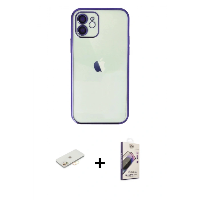 MARSİLYAN™- iPhone 11 Kılıf Vadi Minimal - Siyah Bilvis 3D Mat Cam Ekran Koruyucu + Renkli Kamera Lens Koruma Cam - SI