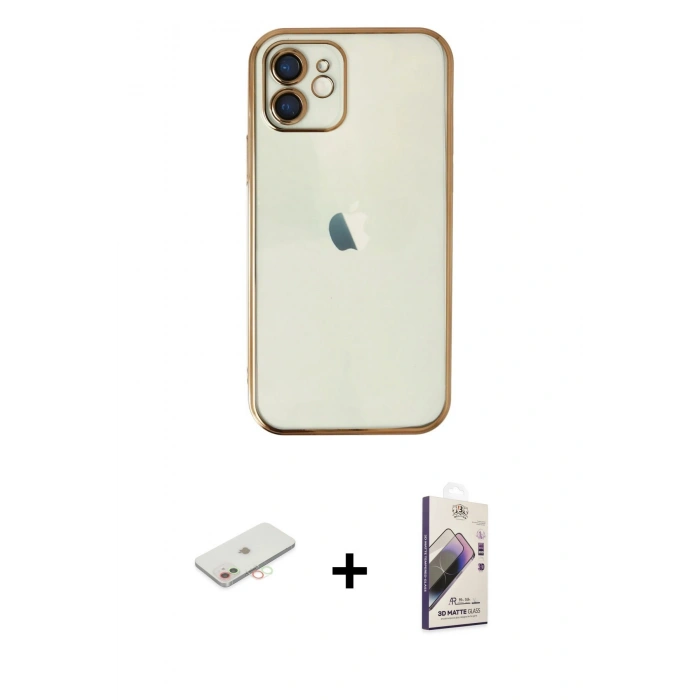 MARSİLYAN™- iPhone 11 Kılıf Vadi Minimal - Siyah Bilvis 3D Mat Cam Ekran Koruyucu + Renkli Kamera Lens Koruma Cam - YL