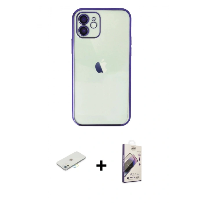MARSİLYAN™- iPhone 11 Kılıf Vadi Minimal - Siyah Bilvis 3D Mat Cam Ekran Koruyucu + Renkli Kamera Lens Koruma Cam - SI