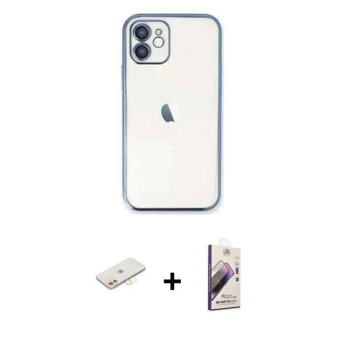 MARSİLYAN™- iPhone 11 Kılıf Vadi Minimal - Siyah Bilvis 3D Mat Cam Ekran Koruyucu + Renkli Kamera Lens Koruma Cam - SI