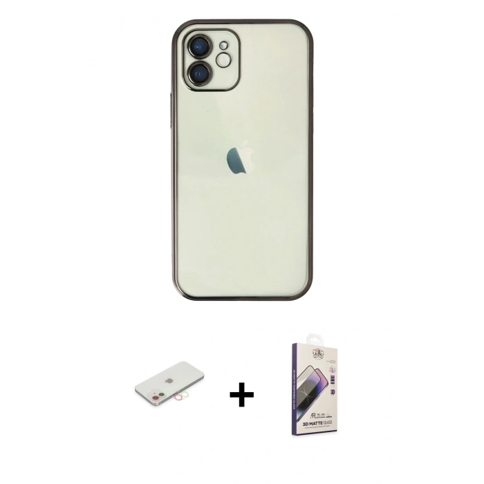 MARSİLYAN™- iPhone 11 Kılıf Vadi Minimal - Siyah Bilvis 3D Mat Cam Ekran Koruyucu + Renkli Kamera Lens Koruma Cam - YL
