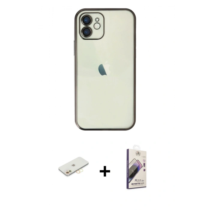 MARSİLYAN™- iPhone 11 Kılıf Vadi Minimal - Siyah Bilvis 3D Mat Cam Ekran Koruyucu + Renkli Kamera Lens Koruma Cam - SI