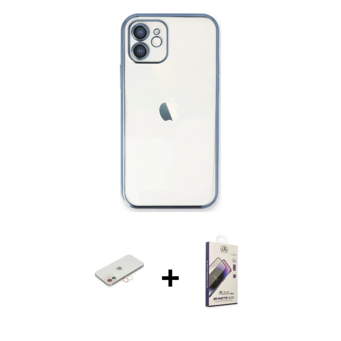 MARSİLYAN™- iPhone 11 Kılıf Vadi Minimal - Siyah Bilvis 3D Mat Cam Ekran Koruyucu + Renkli Kamera Lens Koruma Cam - YL