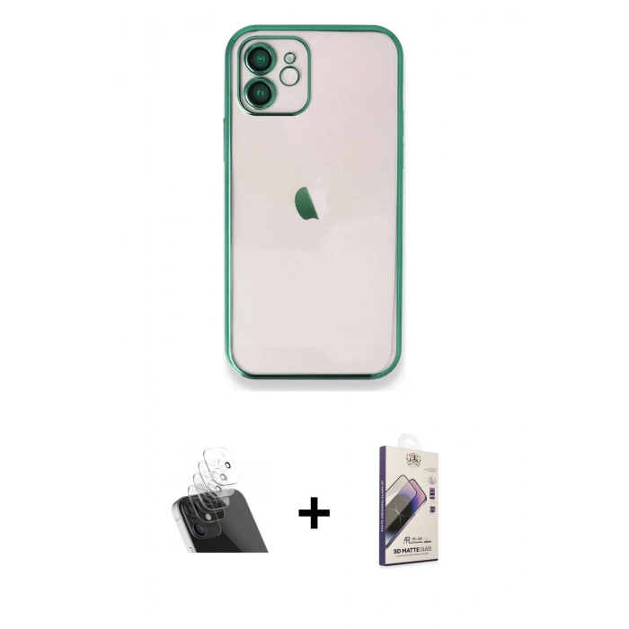 MARSİLYAN™- iPhone 11 Kılıf Vadi Minimal - Siyah Bilvis 3D Mat Cam Ekran Koruyucu + Kamera Lens Koruma Cam - SF