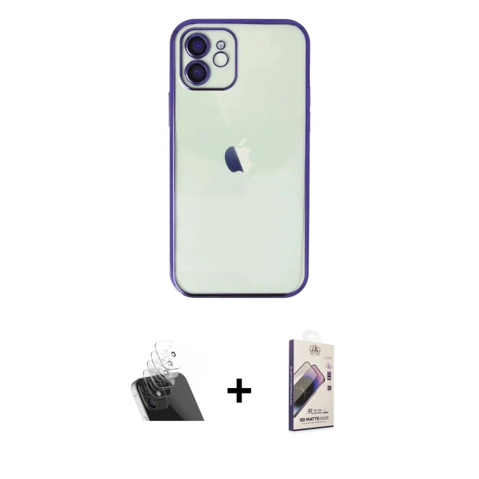 MARSİLYAN™- iPhone 11 Kılıf Vadi Minimal - Siyah Bilvis 3D Mat Cam Ekran Koruyucu + Kamera Lens Koruma Cam - SF