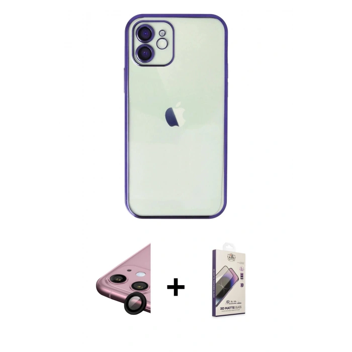 MARSİLYAN™- iPhone 11 Kılıf Vadi Minimal - Siyah Bilvis 3D Mat Cam Ekran Koruyucu + Raze Metal Kamera Lens - SH