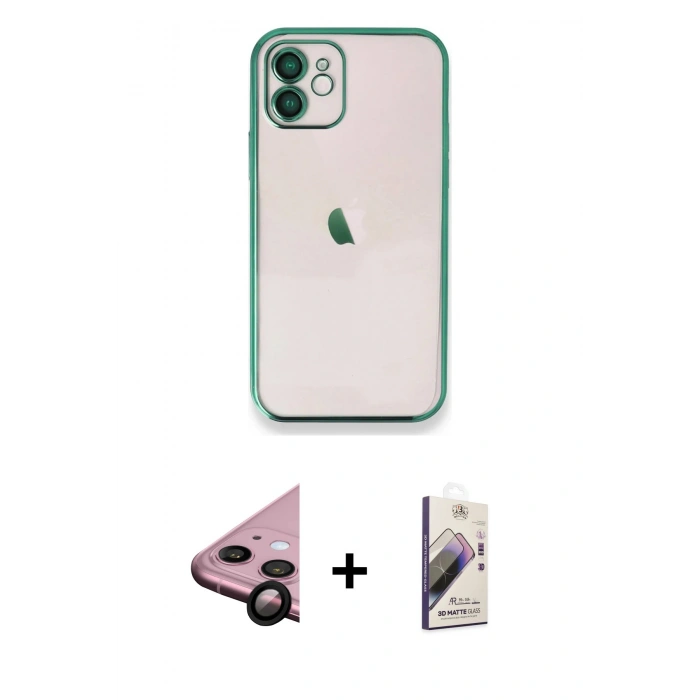 MARSİLYAN™- iPhone 11 Kılıf Vadi Minimal - Siyah Bilvis 3D Mat Cam Ekran Koruyucu + Raze Metal Kamera Lens - SH