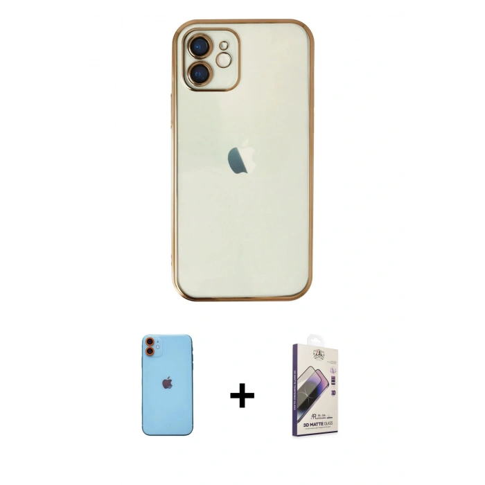 MARSİLYAN™- iPhone 11 Kılıf Vadi Minimal - Siyah Bilvis 3D Mat Cam Ekran Koruyucu + Neon Fosforlu Kamera Lens - TU