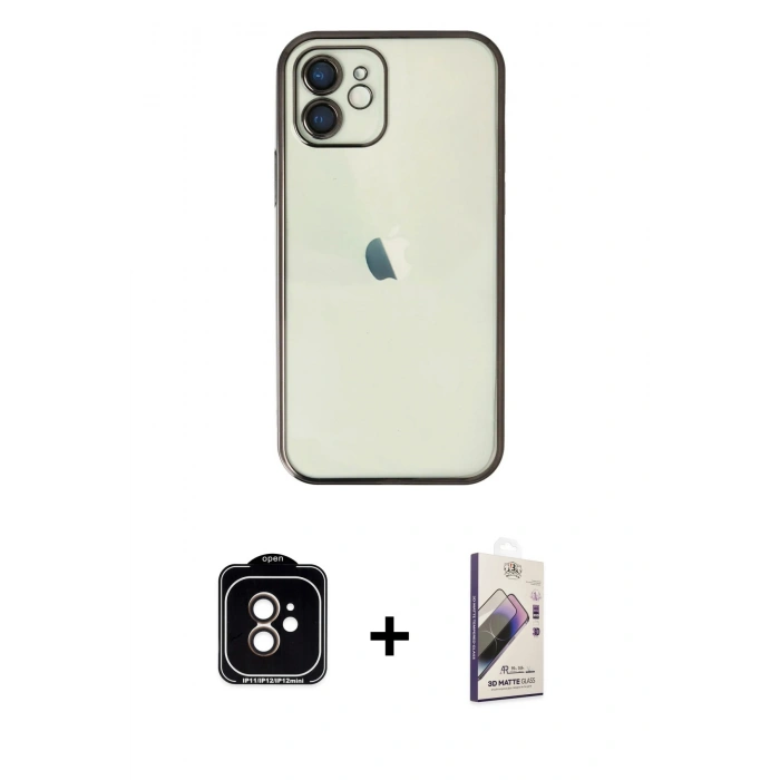 MARSİLYAN™- iPhone 11 Kılıf Vadi Minimal - Siyah Bilvis 3D Mat Cam Ekran Koruyucu + PVD Metal Kamera Lens - TU