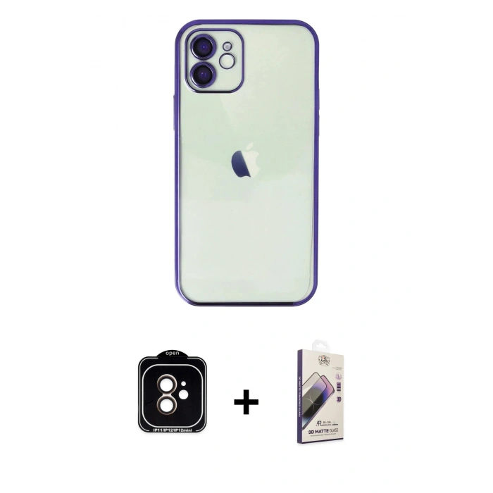 MARSİLYAN™- iPhone 11 Kılıf Vadi Minimal - Siyah Bilvis 3D Mat Cam Ekran Koruyucu + PVD Metal Kamera Lens - TU